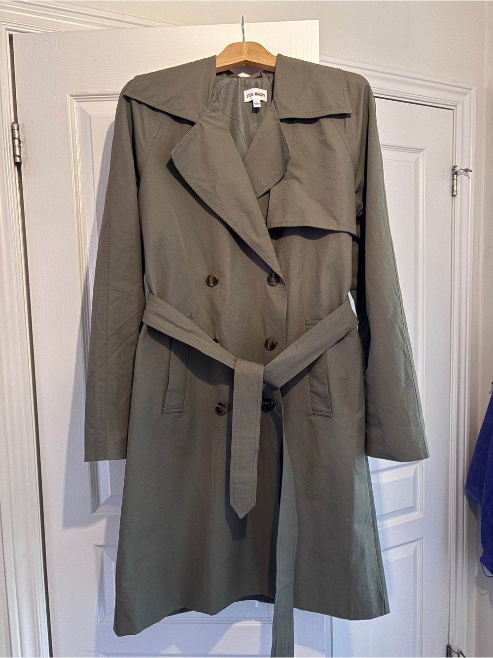Steve Madden Olive Green Double-Breasted Trench Coat with Belt